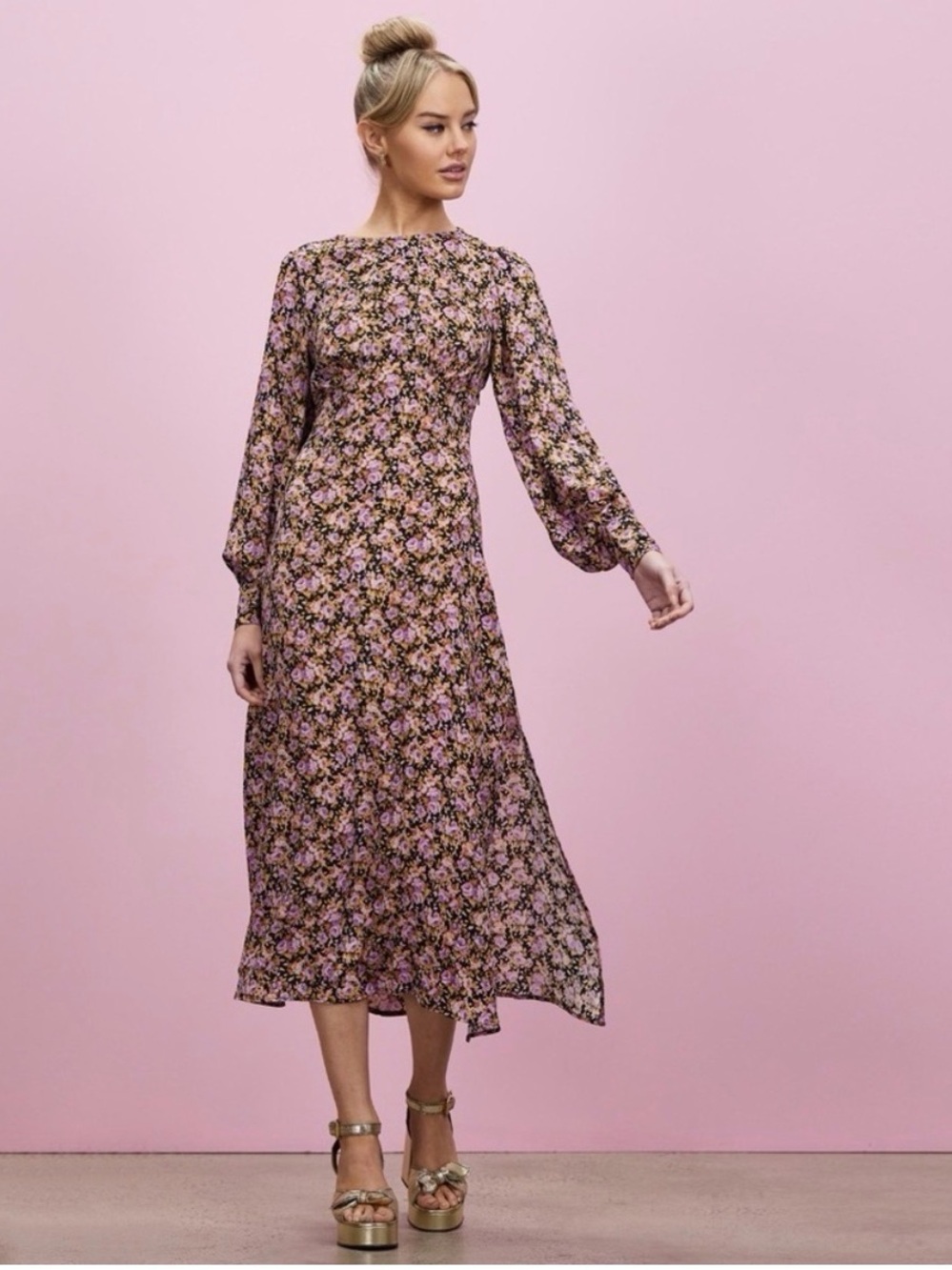 Topshop Purple and Black Floral Midi Dress with Open Back - Size 10 - NWT